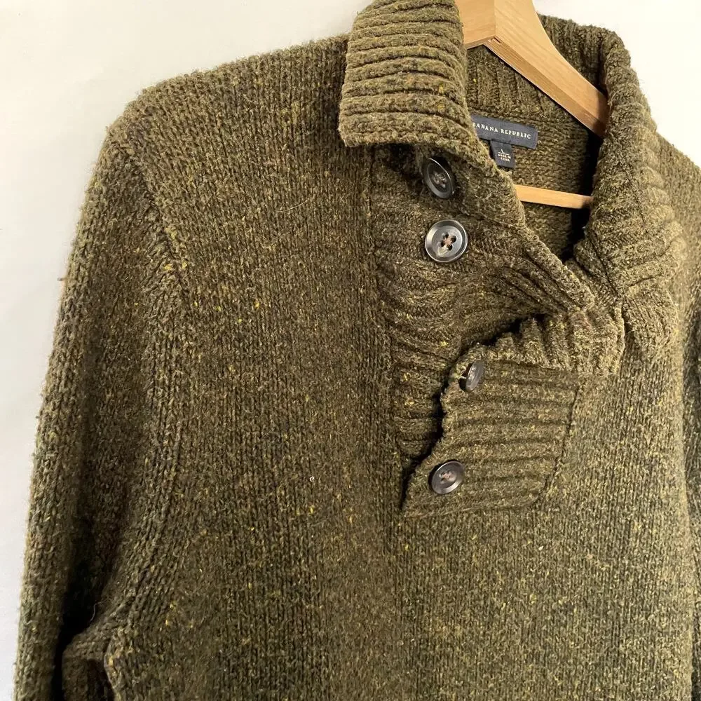 Banana Republic lambswool dark green collared neck detail knit sweater men's‎ L